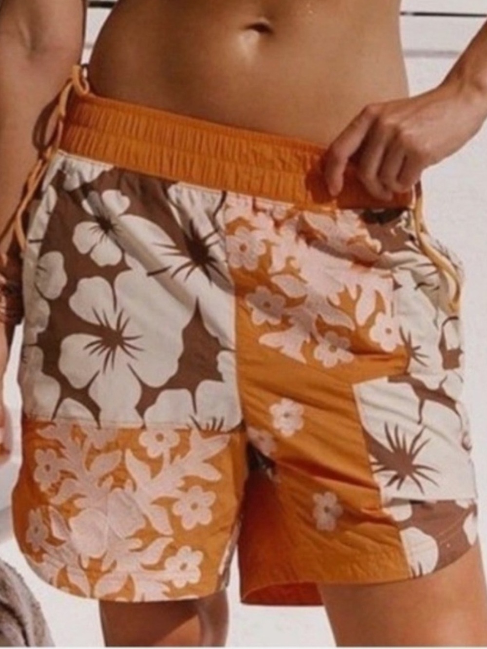 FP Movement Small Shorts Prime Time Hike Vintage Tropical Print in Dark Orange